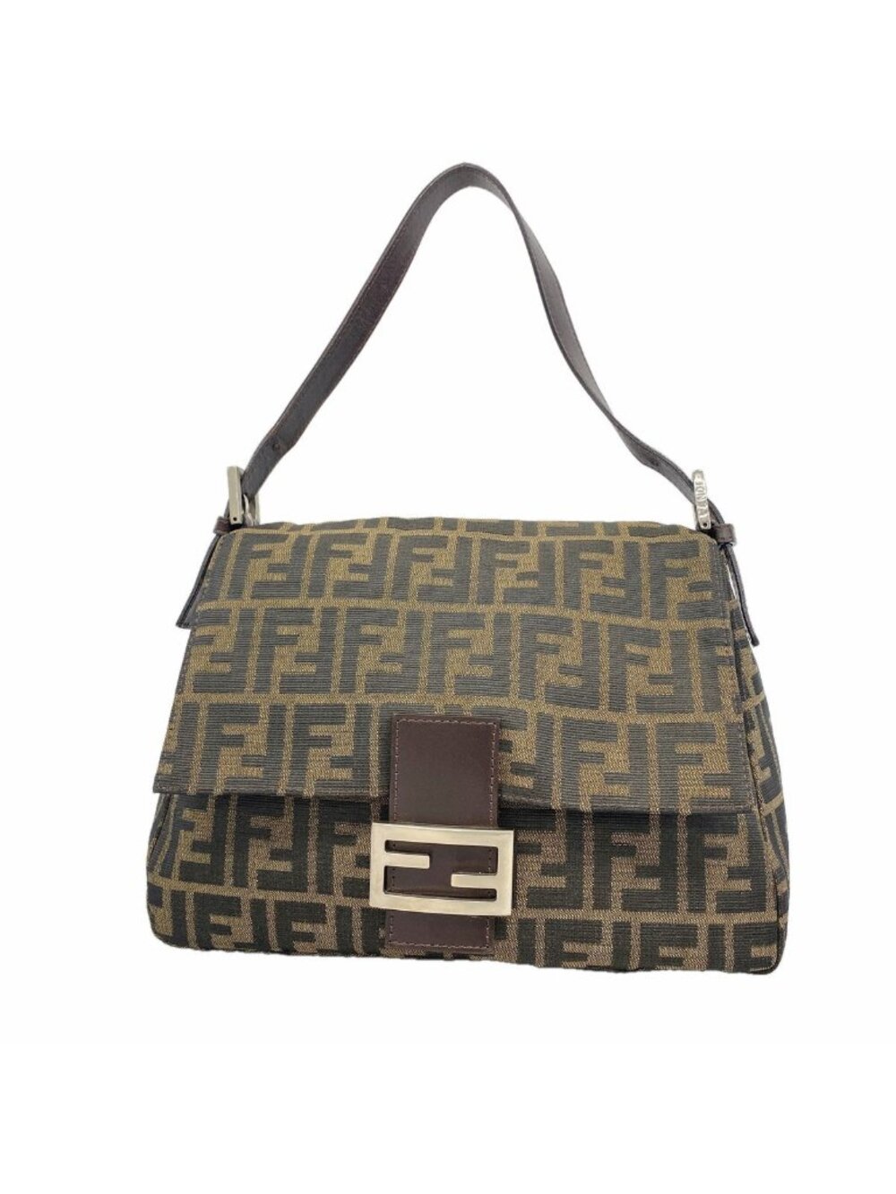 Fendi Handbag Zucca Mamma Bucket Nylon Canvas Brown Silver